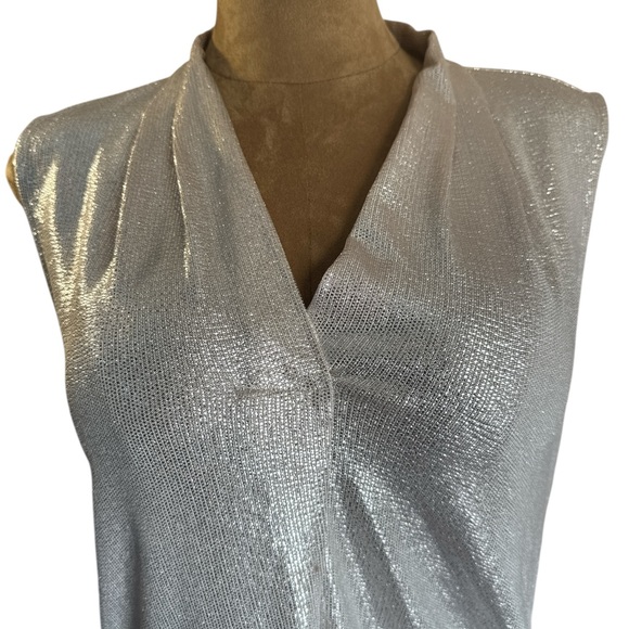 Calvin Klein Metallic V Neck Sleeveless Top, Shiny Silver, Sz XL - Picture 2 of 7